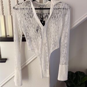 I.AM.GIA White Sheer Lace V‑Neck Long Sleeve Bodysuit